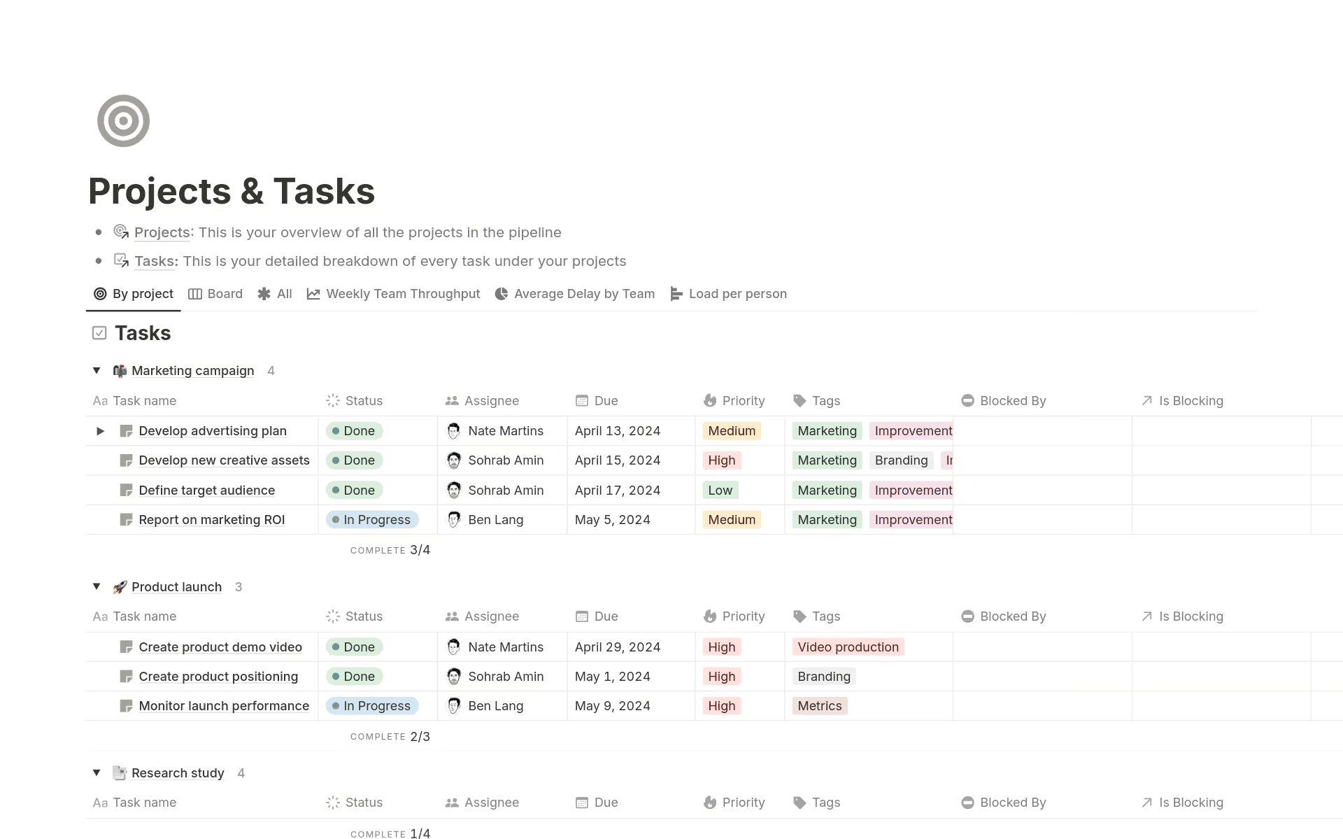 Notion's Project & Tasks template