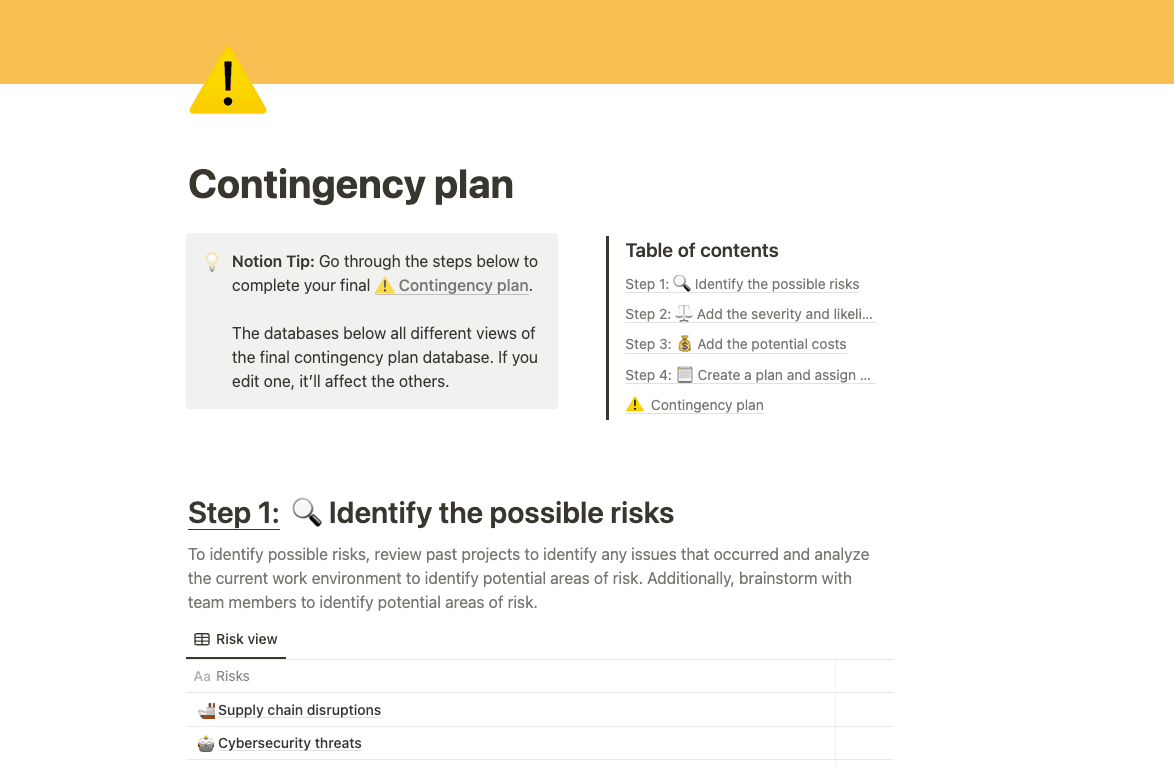 Notion's contingency plan template provides a solid guide to determine a crisis action plan.